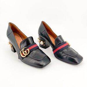 Gucci Peyton GG Pearl Loafer Pumps EU 37.5 US 7.5 Black Leather Block Heel Logo